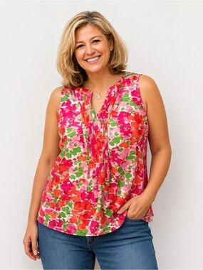 Talbots Sleeveless Floral Pintuck Blouse Top Size 12 Pink Green Orange